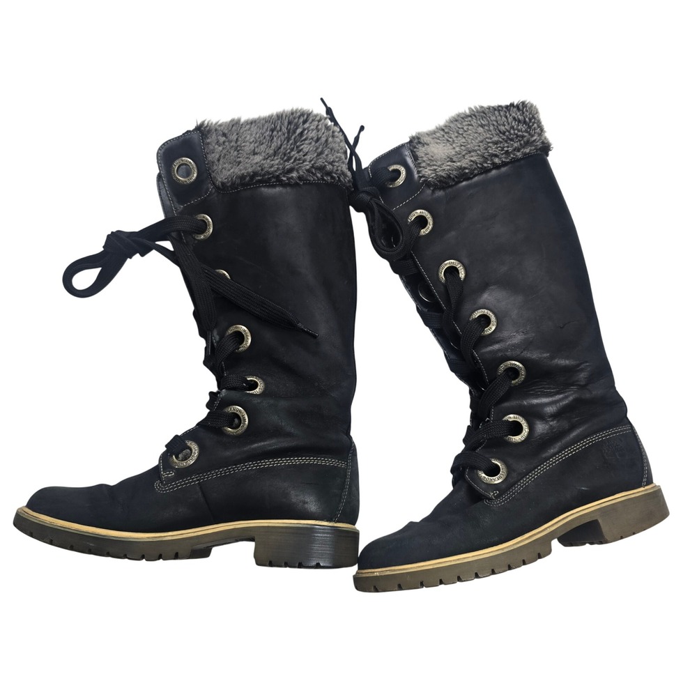 Timberland Tall Lace Up Boots Women 8.5 Black Good Faux Fur Trim Lug Sole